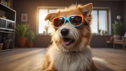 Obraz premium Cute dog with glasses at home