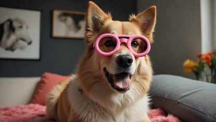 Cute dog with glasses at home looking