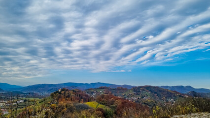 Scenic view of Kalvarija Hill in Maribor, Slovenia, Europe. Remarkable sight that boasts picturesque vineyard and charming Christian chapel nestled on its peak. Idyllic tourist destination in summer