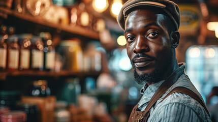 Black african american male cashier shop worker at small business art supply store during cost of living financial crisis and inflation