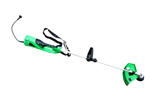 New hand-held electric mower for mowing isolated on white Garden equipment store Place for text Portable electric grass trimmer Household seasonal electric tool Side view