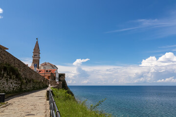 Panoramic view of church Duomo di San Giorgio in coastal town Piran, Slovenian Istria, Slovenia,...