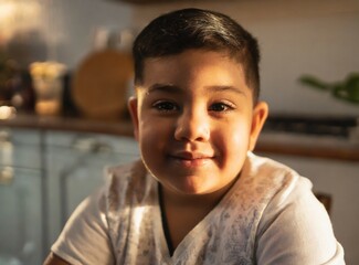 Latin chubby boy on the morning at home about to have breakfast, smiling face closeup - obrazy, fototapety, plakaty