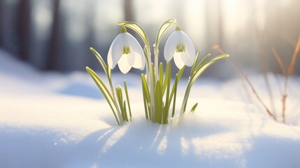 A small snowdrop is knocked out of the soil in the forest in the rays of the sun