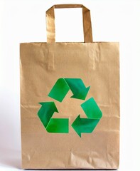 Paper bag with a recycle symbol on it on white background with copy space. Eco recycling concept.