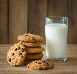 Stack of chocolate chip cookies and glass of milk on the table on brown background