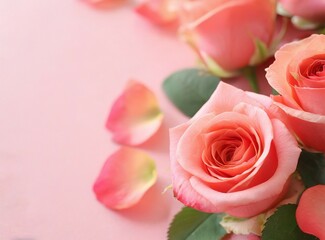 Fototapeta premium Pink roses isolated on pink background with copy space for text/design