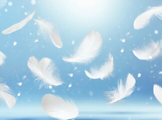 Feathers isolated on blue background. Comfort concept wallpaper.