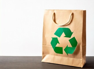 Paper bag with a recycle symbol on it on white background with copy space. Eco recycling concept.