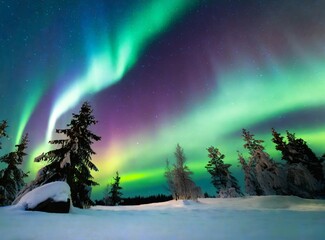 Colorful northern lights in the forest. Aurora Borealis. Beautiful winter night landscape.