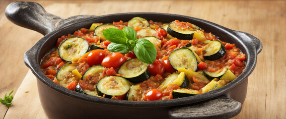 zucchini vegetarian ratatouille with tomato sauce and herbs - obrazy, fototapety, plakaty