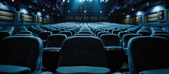 Empty-seated movie theater with high contrast image projection.