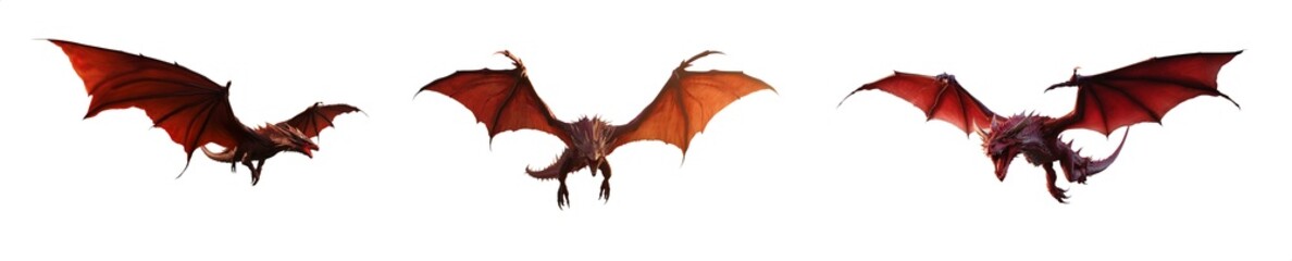Red fantasy dragon in flight - Pen tool premium cutout - Transparent PNG background - Mythological dragon beast creature in flight with long wings - Brown fantasy dragon in flight - obrazy, fototapety, plakaty