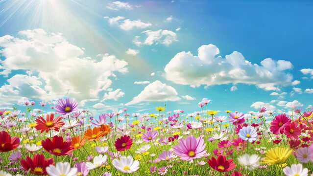spring meadow with colorful flowers and clouds moving, hd