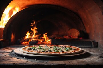 Pizza being prepared in a wood fired pizza oven. pizza cooking