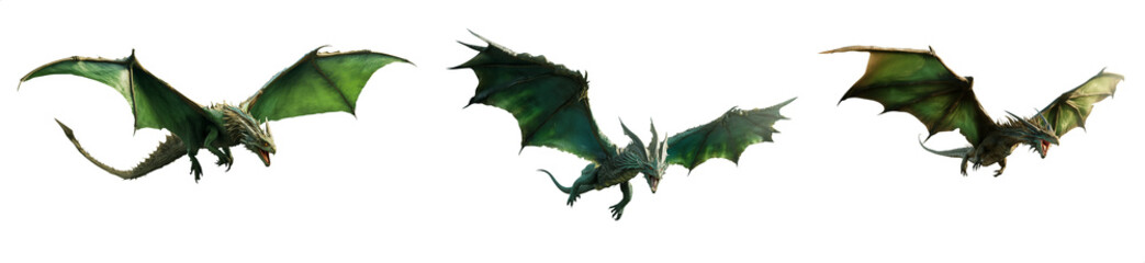 Green fantasy dragon in flight - Pen tool premium cutout - Transparent PNG background - Mythological dragon beast creature in flight with long wings - obrazy, fototapety, plakaty