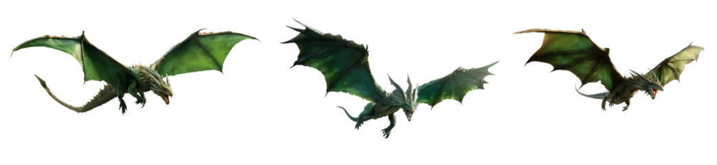 Foto op Canvas Green fantasy dragon in flight - Pen tool premium cutout - Transparent PNG background - Mythological dragon beast creature in flight with long wings © Mr. PNG