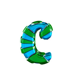Blue symbol with green horizontal thin straps. letter c