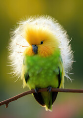Fantasy green parrot with a dandelion on its head. Illustration. Created with generative ai technology.