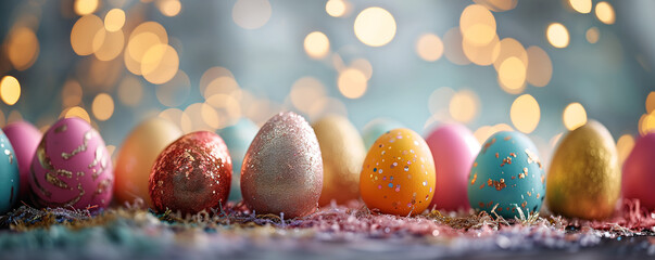 Pastel Easter eggs with glitter bacgkround, close up.