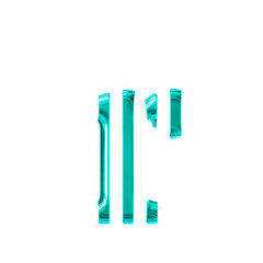 White symbol with thin turquoise vertical straps. letter r
