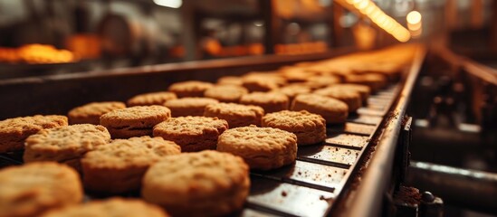 Factory's conveyor belt carrying biscuits. - obrazy, fototapety, plakaty