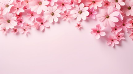 Beautiful pink flowers on pink background, top view, International Women's day background