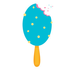 Blue ice cream.  Blue ice cream with puffed rice on a wooden stick