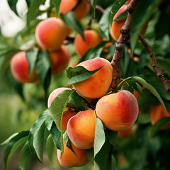 Delicious ripe peaches weigh heavy on a branch. - obrazy, fototapety, plakaty