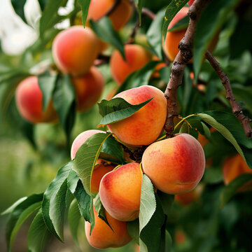 Delicious ripe peaches weigh heavy on a branch.