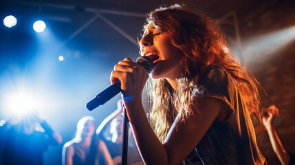 Passionate female vocalist commands the stage at a vibrant rock concert.