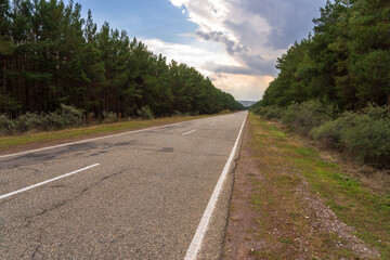 Old asphalt road and forest nearby