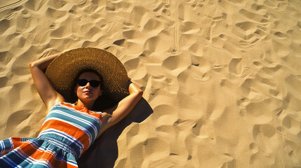 A woman lying on a beach towel, sunbathing under the sun. - Powered by Adobe