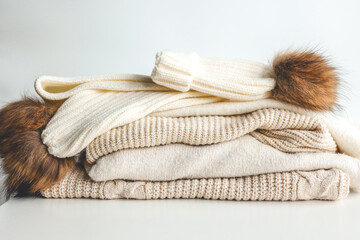 Stack of knitted sweaters, hat and scarf, winter children's wardrobe