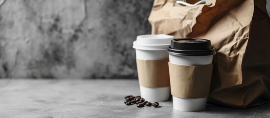 Disposable coffee cup and lunch bag for takeaway. Snack delivery service. Coffee to go. Simplistic...