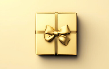 Gift or present box with gold ribbon on table top view. Valentine day festive background. Flat lay