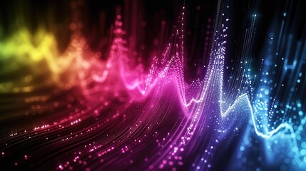 Abstract glowing colored wavy particles in black space