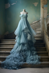  an extraordinary lavish blue dress that fills the room.Minimal creative fashion concept.Copy space.Generative Ai