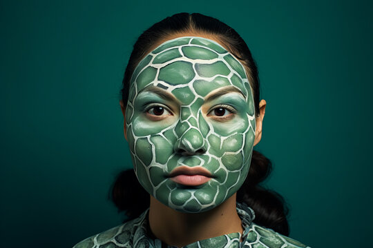 A woman with turtle-shell pattern makeup on her forehead against a sea-green background.