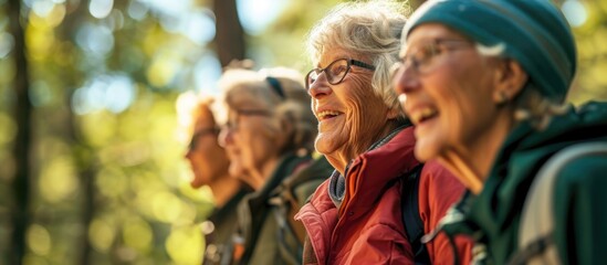 Elderly people in Boston find happiness and motivation in a diverse exercise group trekking outdoors, embracing an active and fun lifestyle with friends. - obrazy, fototapety, plakaty