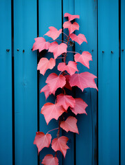 red leaves on a wooden wall.Minimal nature concept.Flat lay,top view,copy space.Generative AI