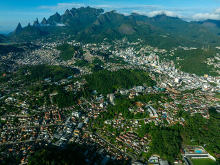 Wonderful landscape and mountain town. Mountain of the Finger of God, the city of Teresopolis,...