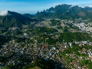 Wonderful landscape and mountain town. Mountain of the Finger of God, the city of Teresopolis,...
