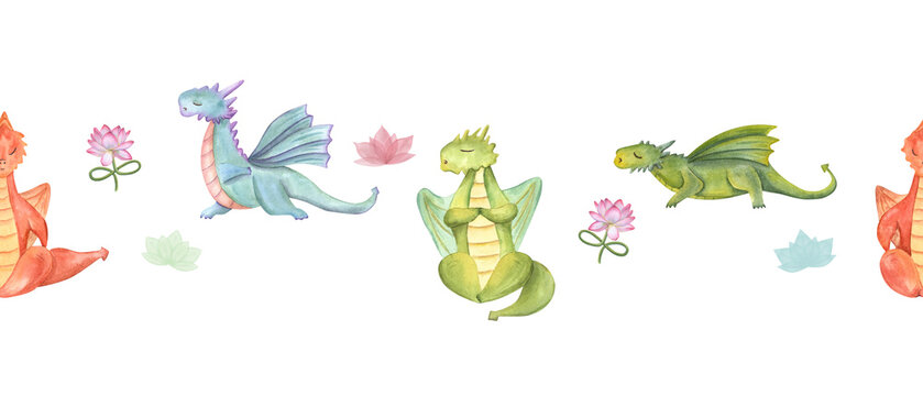 Seamless border with Dragons in various poses of yoga. Animal meditation. Lotus flowers, abstract waterlilies. Colored Dragons practicing fitness exercises. Watercolor illustration isolated on white