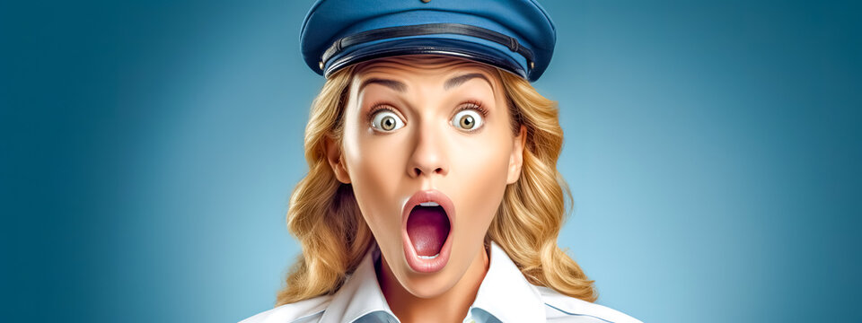 woman in a flight attendant's uniform with a cap, wide-eyed and with an open mouth, expressing surprise or shock, set against a blue background.
