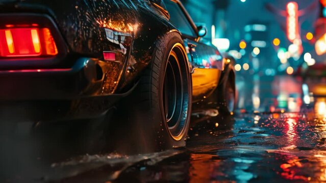 Car racing at night in a cyberpunk city with flashing lights and rain close-up animation