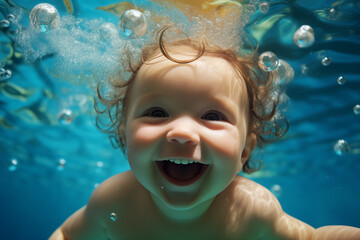 Cute little baby swimming underwater in the pool, smiling at the camera. Underwater kid portrait in motion. Generative AI