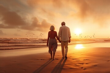 Senior couple walking on the beach with sunset background