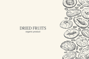 Dried fruits card hand drawn vector illustration. Frame background with Prunes, dried apricots, dry fruits, dates for packaging, textile, print, template, label.Design for text, decorative ornament - obrazy, fototapety, plakaty