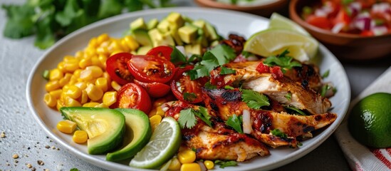 Traditional Mexican street food featuring grilled chicken, avocado, corn kernels, tomato, onion, cilantro, and salsa served on a white stone table.